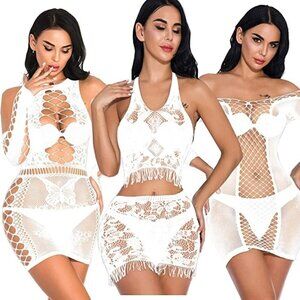 𝅺BUNDLE of Sexy White Fishnet Dress Tops Camisole Babydoll Lingerie Chemise NWT